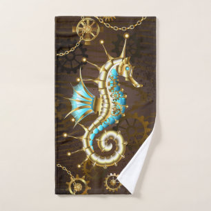 Fondo de madera con caballito de mar mecánico
