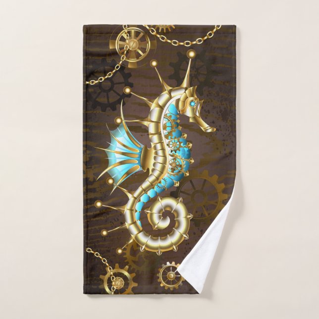 Fondo de madera con caballito de mar mecánico (Toalla de mano)