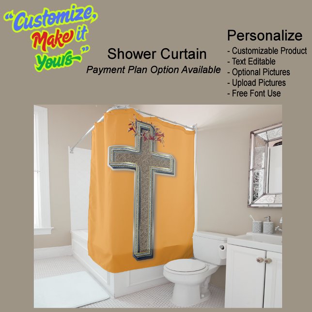 Fondo del Naranja de cortina de ducha (Cross Biblical Shower Curtain Featuring a Orange Background.)