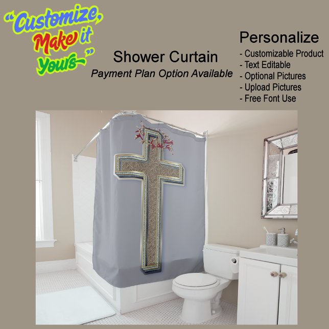 Fondo gris de la cortina de ducha (Cross Biblical Shower Curtain Featuring a Grey Background.)