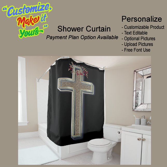 Fondo negro de la cortina de ducha (Cross Biblical Shower Curtain Featuring a Black Background.)