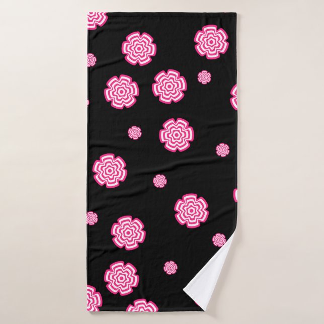 Fondo oscuro, flores rosa brillante estilizadas. (Toalla de baño)