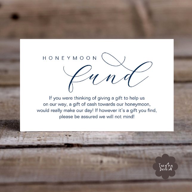 Fondo para la Luna de Miel de Boda, Una Nota sobre (Wedding Honeymoon Fund, A Note on Gifts, Wish, Cash, Modern Minimal Enclosure Card in Navy Blue)