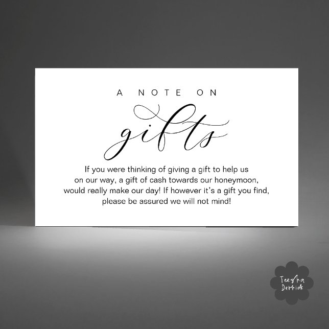 Fondo para la Luna de Miel de Boda, Una Nota sobre (Wedding Honeymoon Fund, A Note on Gifts, Wish, Cash, Modern Minimal Enclosure Card in Black White)
