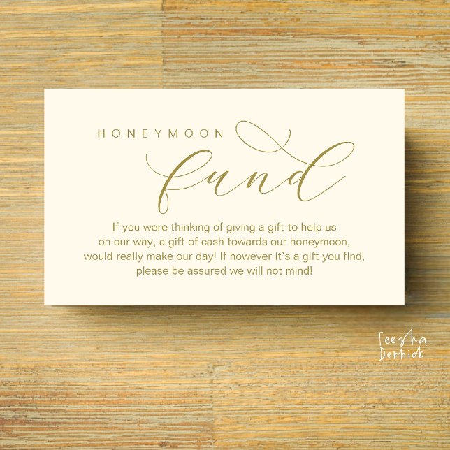 Fondo para la Luna de Miel de Boda, Una Nota sobre (Wedding Honeymoon Fund, A Note on Gifts, Wish, Cash, Modern Minimal Enclosure Card in Yellow Gold)