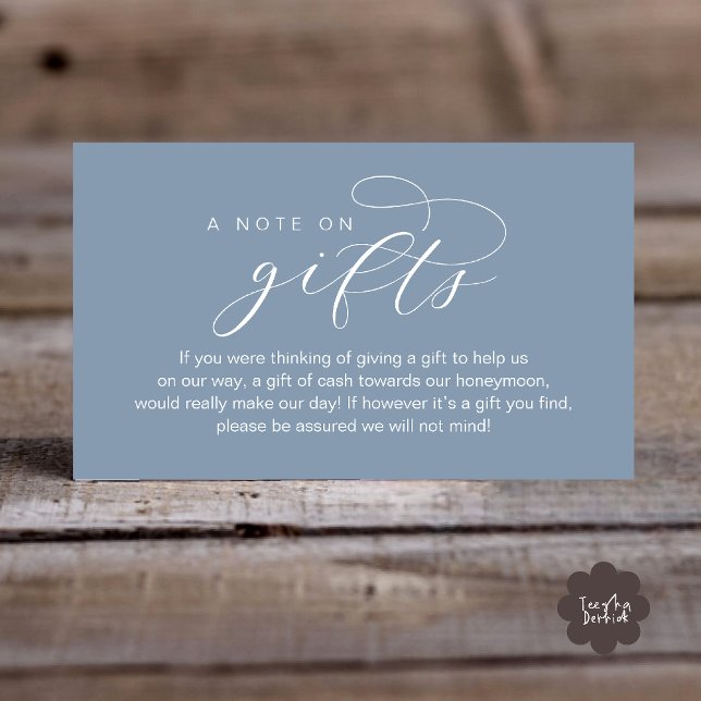 Fondo para la Luna de Miel de Boda, Una Nota sobre (Wedding Honeymoon Fund, A Note on Gifts, Wish, Cash, Modern Minimal Enclosure Card in Dusty Blue)