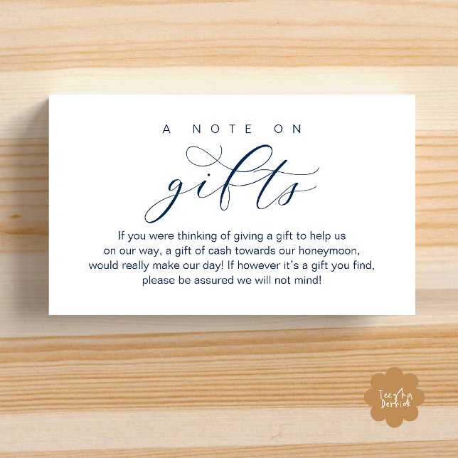 Fondo para la Luna de Miel de Boda, Una Nota sobre (Wedding Honeymoon Fund, A Note on Gifts, Wish, Cash, Modern Minimal Enclosure Card in Navy Blue)