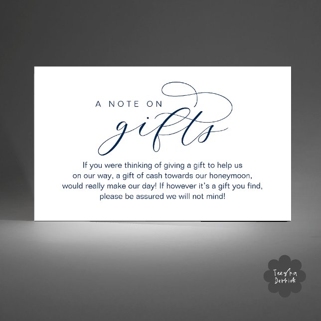 Fondo para la Luna de Miel de Boda, Una Nota sobre (Wedding Honeymoon Fund, A Note on Gifts, Wish, Cash, Modern Minimal Enclosure Card in Navy Blue)
