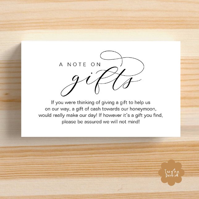 Fondo para la luna de miel de la boda, Una nota so (Wedding Honeymoon Fund, A Note on Gifts, Wish, Cash, Modern Minimal Enclosure Card in Black White)