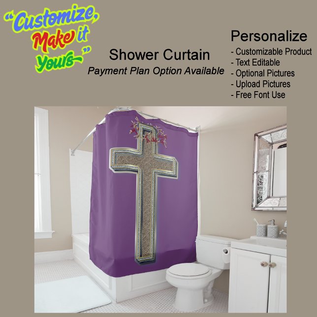 Fondo púrpura de la cortina de ducha (Cross Biblical Shower Curtain Featuring a Purple Background.)