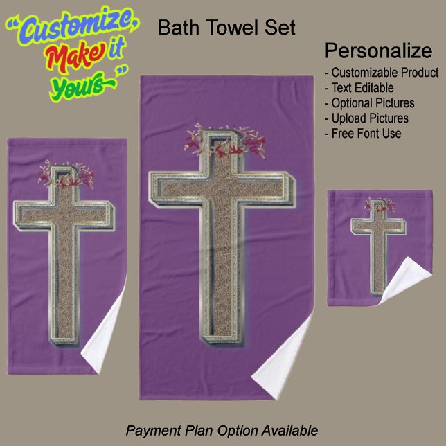 Fondo Púrpura De La Toalla De Baño Cruzado (Cross Bathroom Towel Set Featuring a Purple Background.)