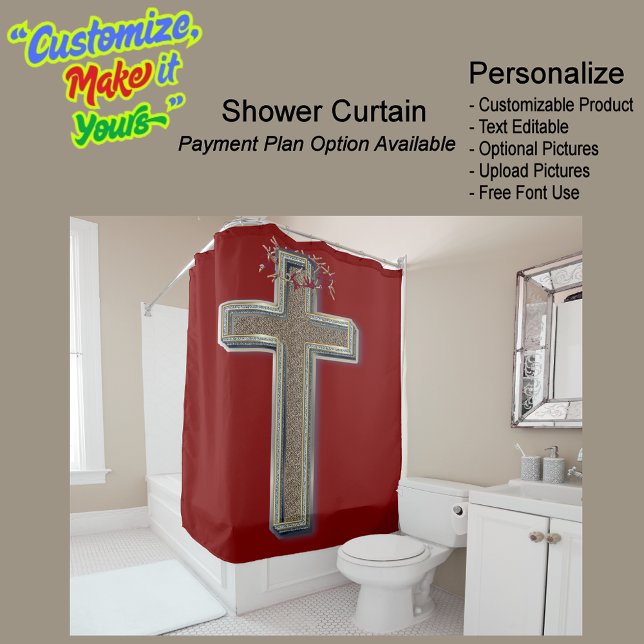 Fondo rojo de la cortina de ducha (Cross Biblical Shower Curtain Featuring a Red Background.)