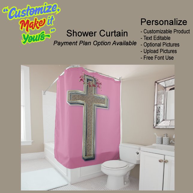 Fondo rosa de la cortina de ducha (Cross Biblical Shower Curtain Featuring a Pink Background.)