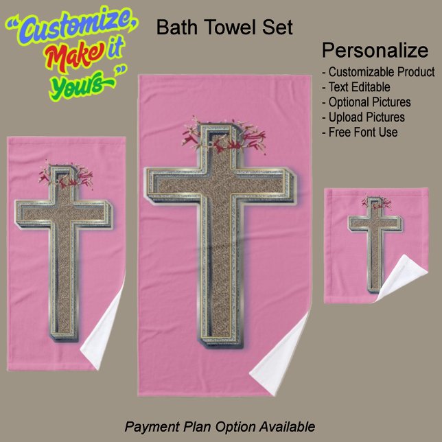 Fondo rosa de la toalla de baño cruzada (Cross Bathroom Towel Set with Featuring a Pink Background.)