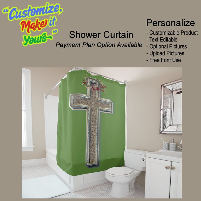 Fondo verde de la cortina de ducha (Cross Biblical Shower Curtain Featuring a Green Background.)