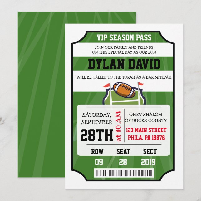 FOOTBALL VIP TICKET Bar Bat Mitzvah Invitación (Anverso / Reverso)