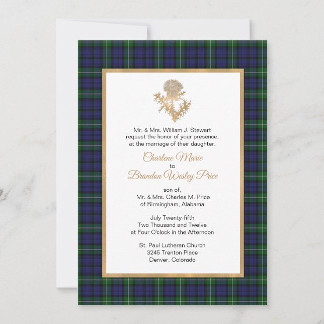 Forbes Plaid Thistle Wedding Invitación (Anverso)