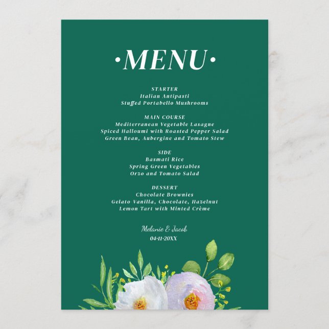 Forest Green Floral Printable Wedding menu  (Anverso)