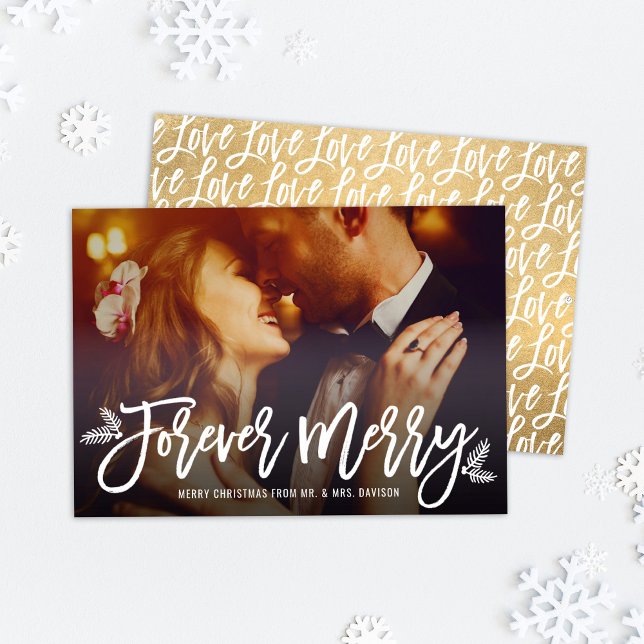 Forever Merry Gold Newlywed Photo Holiday Card (Subido por el creador)