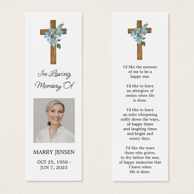 Forget me not Cross Photo Funeral Bookmark (Anverso y reverso)