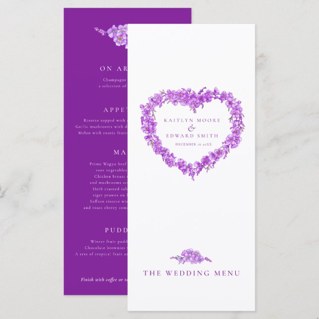 Forget-me-not heart purple white wedding menus (Anverso / Reverso)