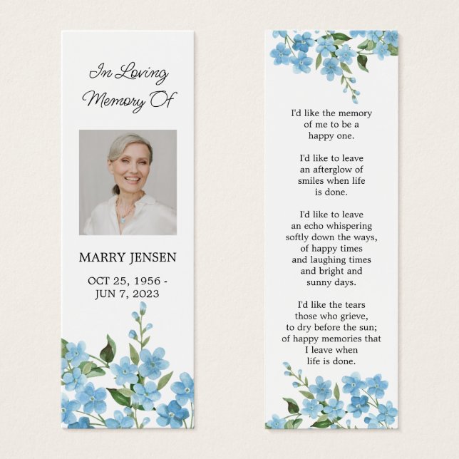 Forget me not Photo Funeral Memorial Bookmark (Anverso y reverso)