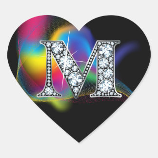 Forma De Corazón "M" Diamond Bling en Rainbow Swirl Heart Pegatina