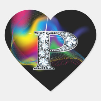 Forma De Corazón "P" Diamond Bling en Rainbow Swirl Heart Pegatina