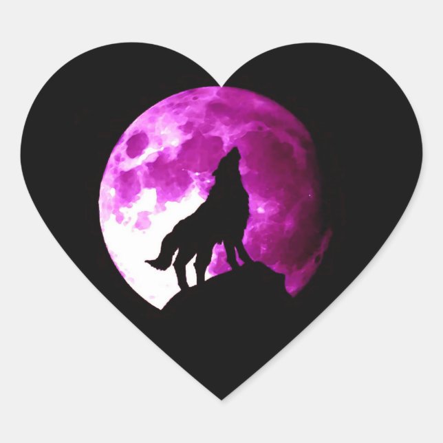 Forma De Corazón Wolf Howling en Moon Heart Pegatina (Anverso)