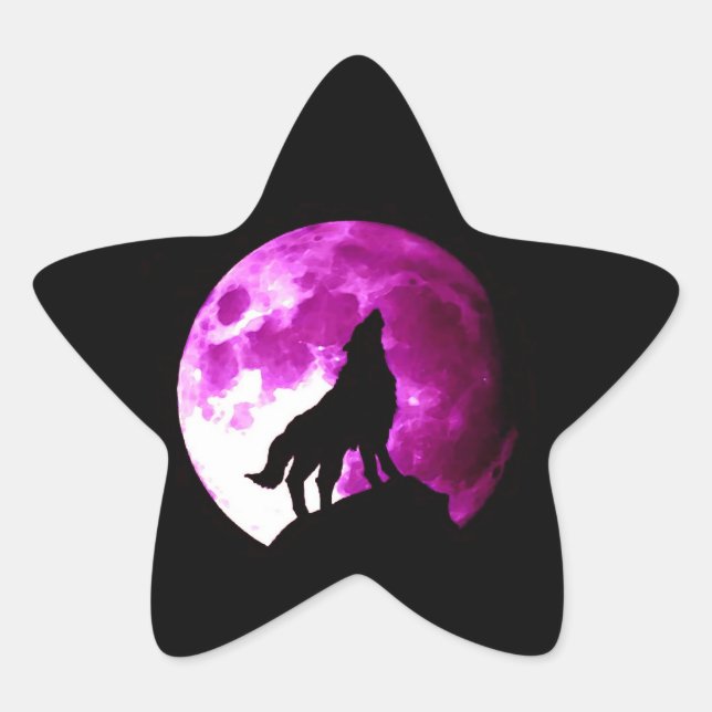 Forma De Estrella Wolf Howling en Moon Star Pegatina (Anverso)