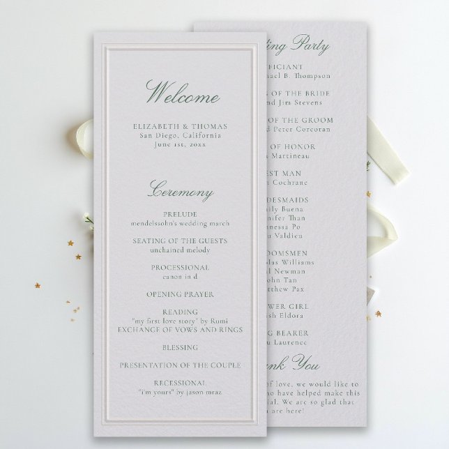 Formal Classic Green Ivory Wedding Program (modern classic wedding program forest green type double frame formal traditional stately ivory)