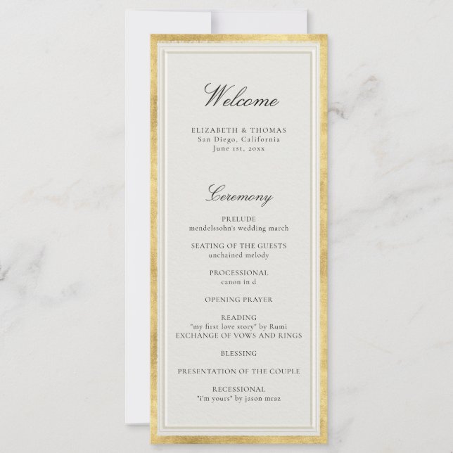 Formal Modern Classic Ecru Gold Wedding Program (Anverso)