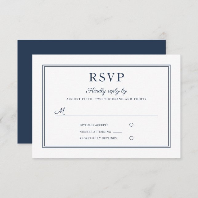 Formal Navy Blue Script Wedding RSVP Card (Anverso / Reverso)