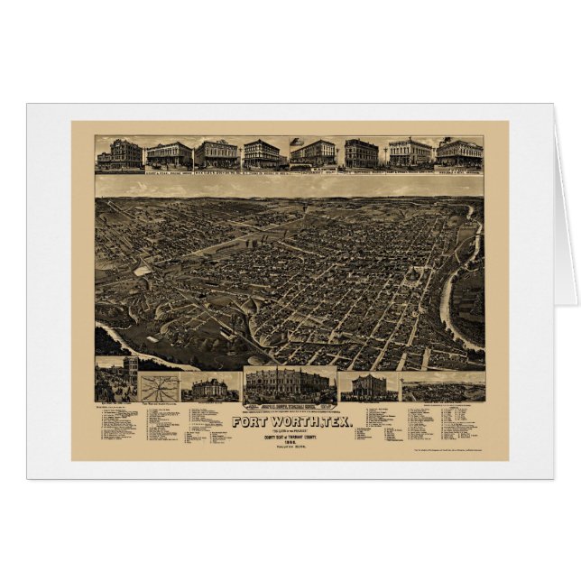 Fort Worth, mapa panorámico de TX - 1886 (Anverso (Horizontal))