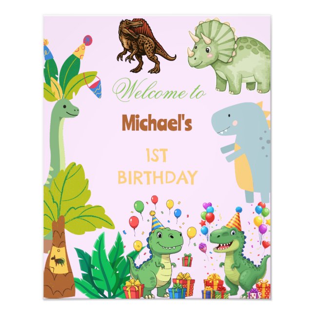 Foto 1st Birthday Dinosaur Minimal baby welcome sign (Frente)