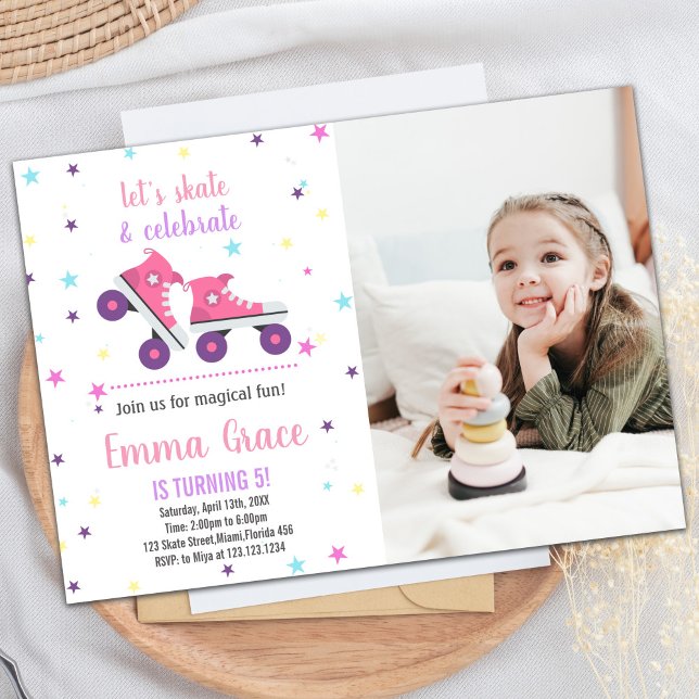 Foto 5 Invitaciones de cumpleaños para patinar sob (Photo 5th Pink Purple Skating Birthday Invitations)