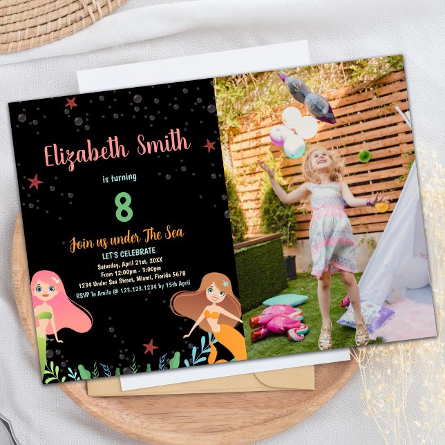 Foto 8 Invitaciones de cumpleaños de sirena negra (Photo 8th Black Mermaid Birthday Invitations)