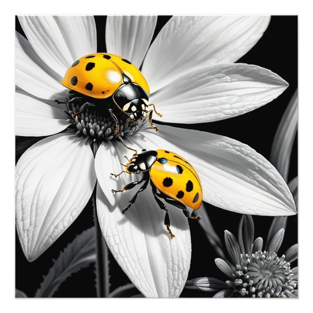 Foto Abeja Amarillo De Ladybugs Sobre Flor Blanca Negra (Frente)