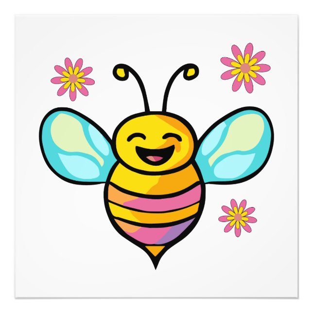 Foto Abeja bebé sonriente feliz con flores. (Frente)