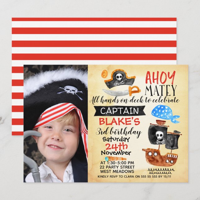 Foto acuarela Ahoy Pirate Invitación al cumpleaños (Anverso / Reverso)
