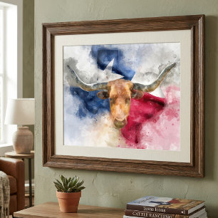 Foto Acuarela de Texas Longhorn con mapa artístico de b