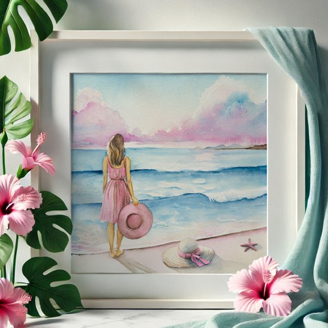 Foto Acuarela por la línea costera (Watercolor beach scene for sale in pink and blue by Victoria Grigaliunas of Do Tell A Belle)