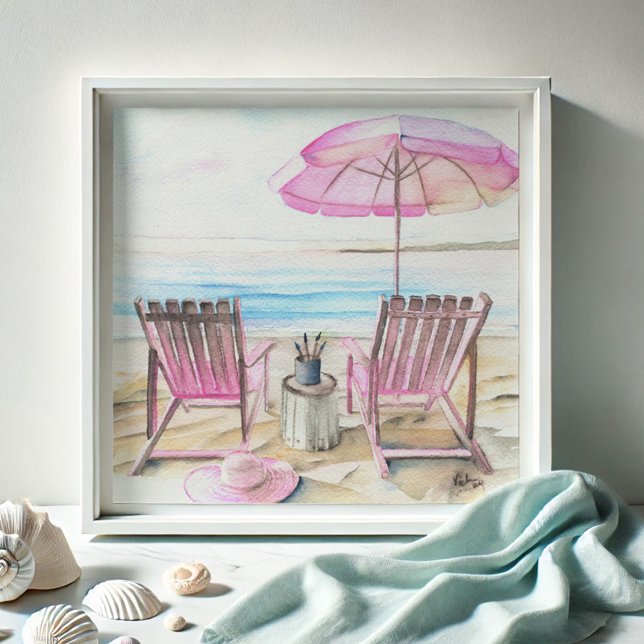 Foto Acuarela por la línea costera 2 (Watercolor paintings pink beach art by Victoria Grigaliunas of Do Tell A Belle chairs and umbrella)