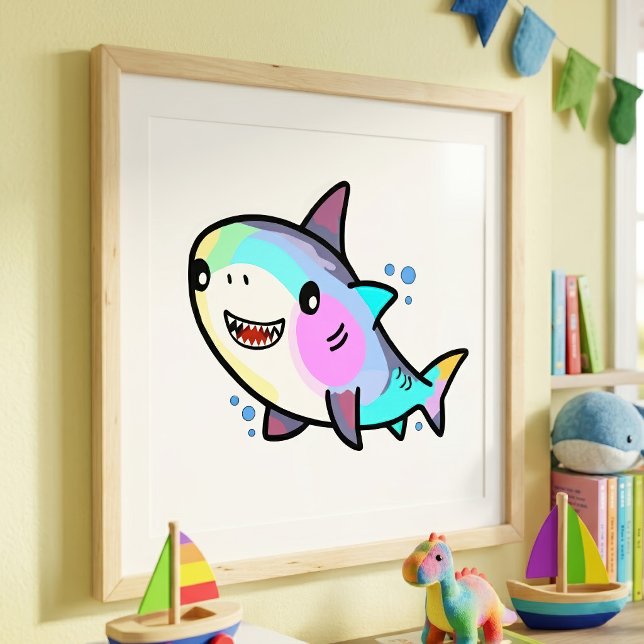 Foto Adorable tiburón bebé Kawaii con pasteles de arcoí (Adorable Kawaii Baby Shark with Rainbow Pastels. Photo Print)