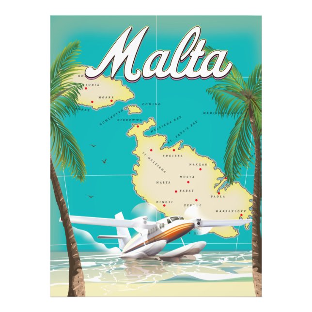 Foto Afiche de viaje de la playa y el mapa de Malta (Frente)