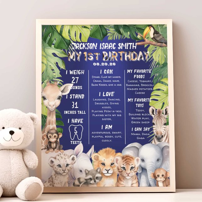 Foto Animales de la jungla azul de la marina primer hit (Navy Blue, Boy 1st birthday Safari Animals milestone birthday stat poster.)