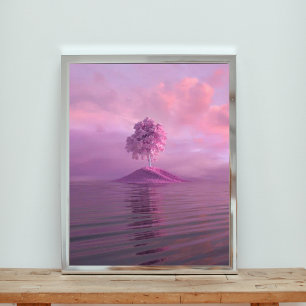 Foto Árbol rosa solitario en una isla morada en el océa
