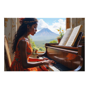 Foto Armonía floral - Mujer en Piano con Vista de la Na