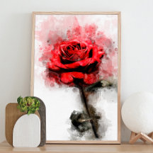 Arte de Acuarela de Rosa Roja sobre Fondo Blanco