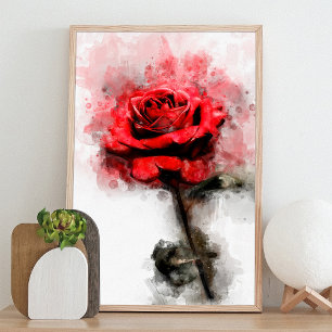 Foto Arte de Acuarela de Rosa Roja sobre Fondo Blanco